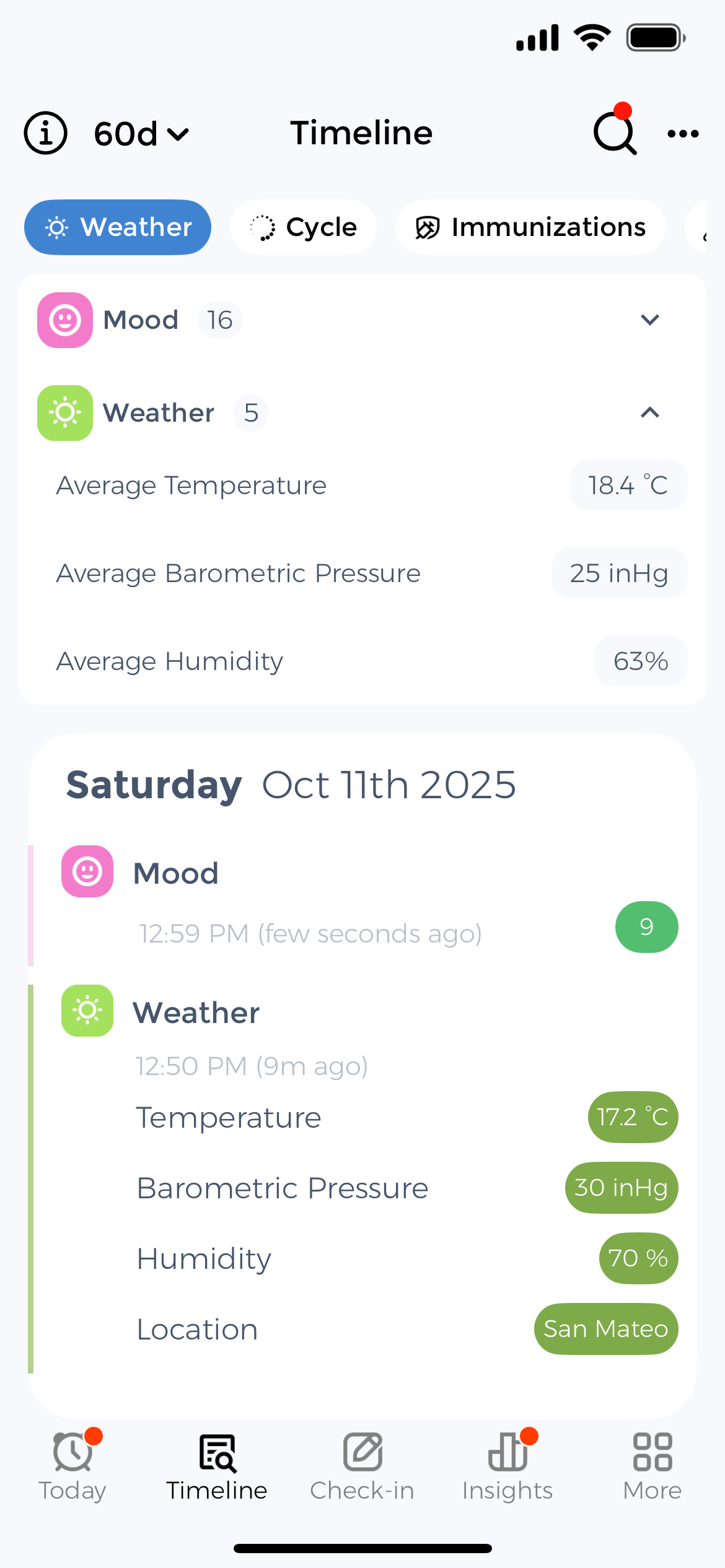 Weather trend analysis - Track barometric pressure patterns and temperature changes over time Weather pattern analytics dashboard - 60-day barometric pressure trends and temperature averages for symptom tracking