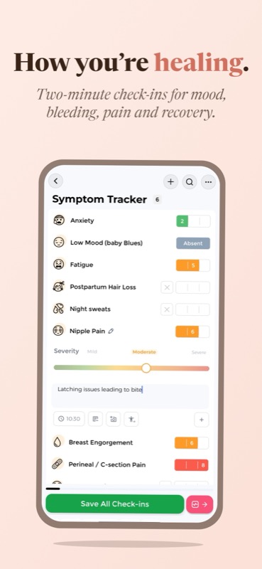 Postpartum tracker home screen with mood, recovery, and feeding entries