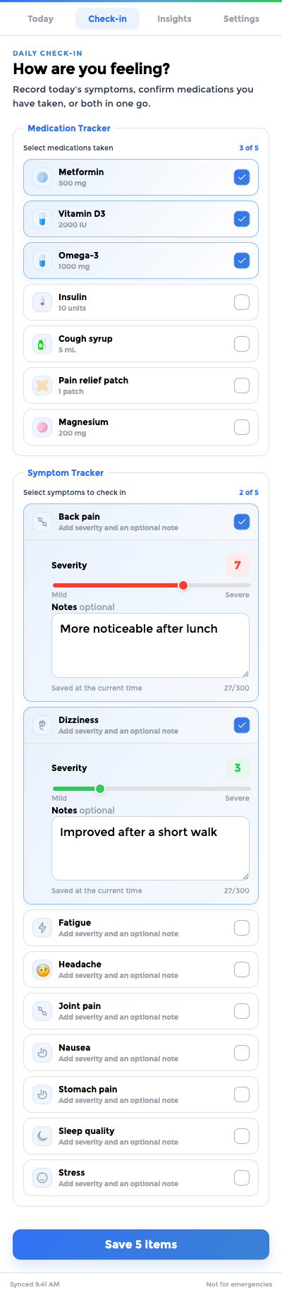 CareClinic browser check-in showing selected medications and symptoms with separate severity, notes, and the Save items button