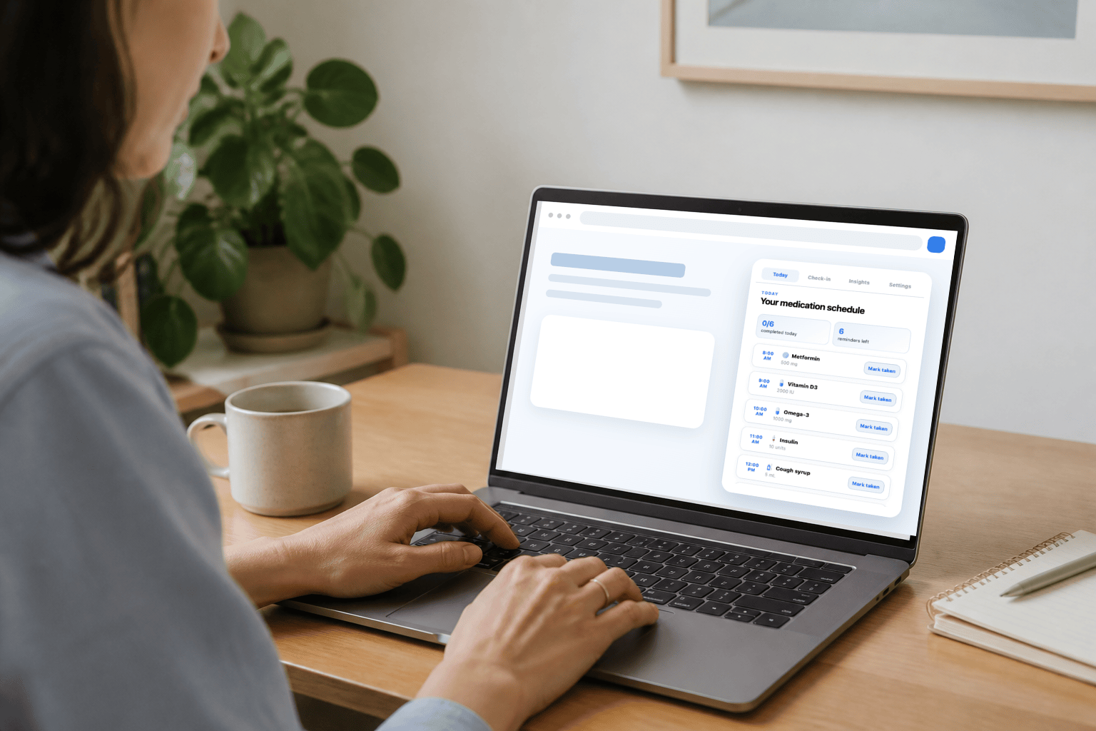 Person using the CareClinic browser extension on a laptop to review a medication schedule