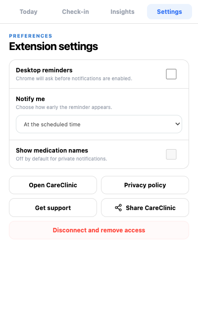 CareClinic browser Settings screen showing desktop reminders, timing, medication names, and disconnect controls