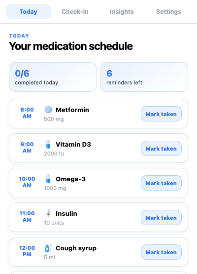 CareClinic browser Today screen showing scheduled medications with Mark taken buttons