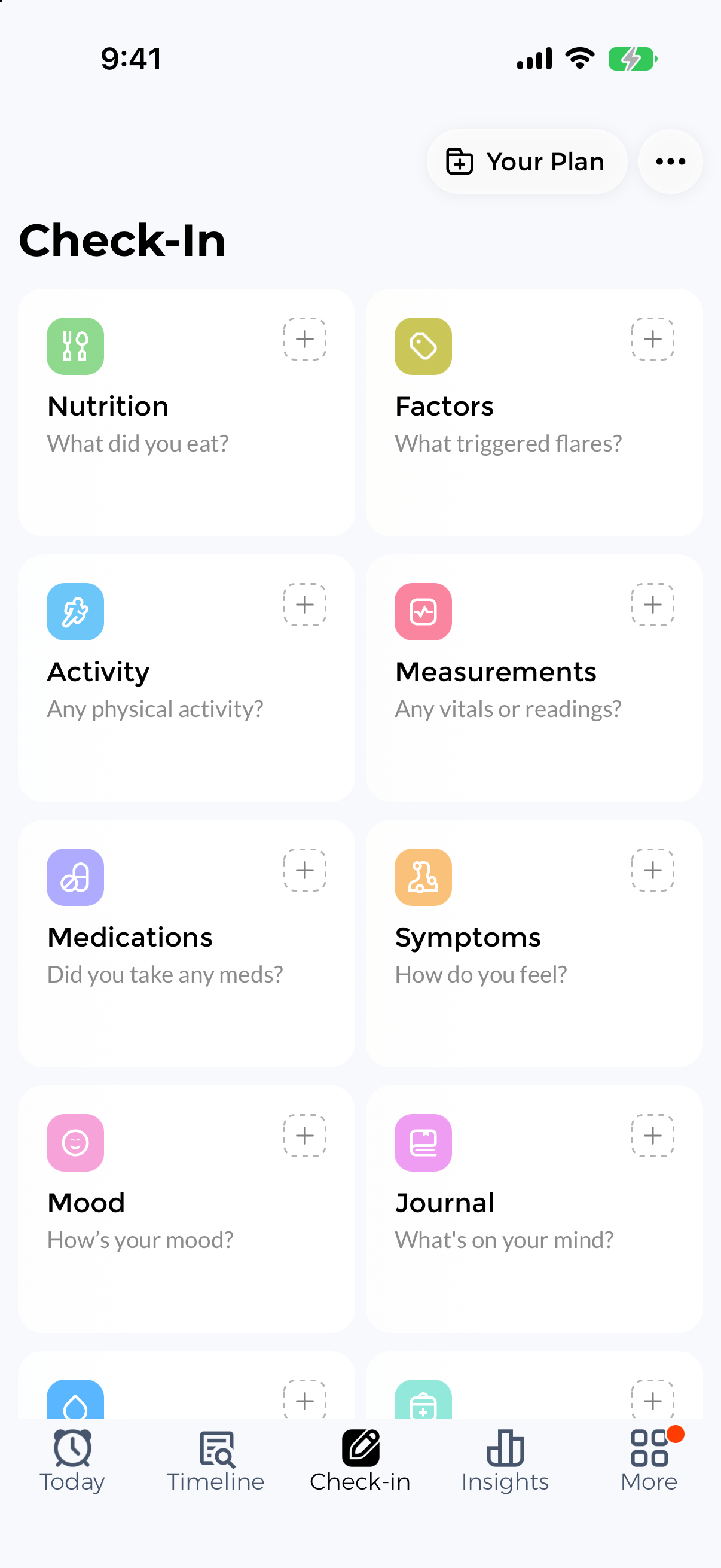 CareClinic app Check-In screen showing health tracking options