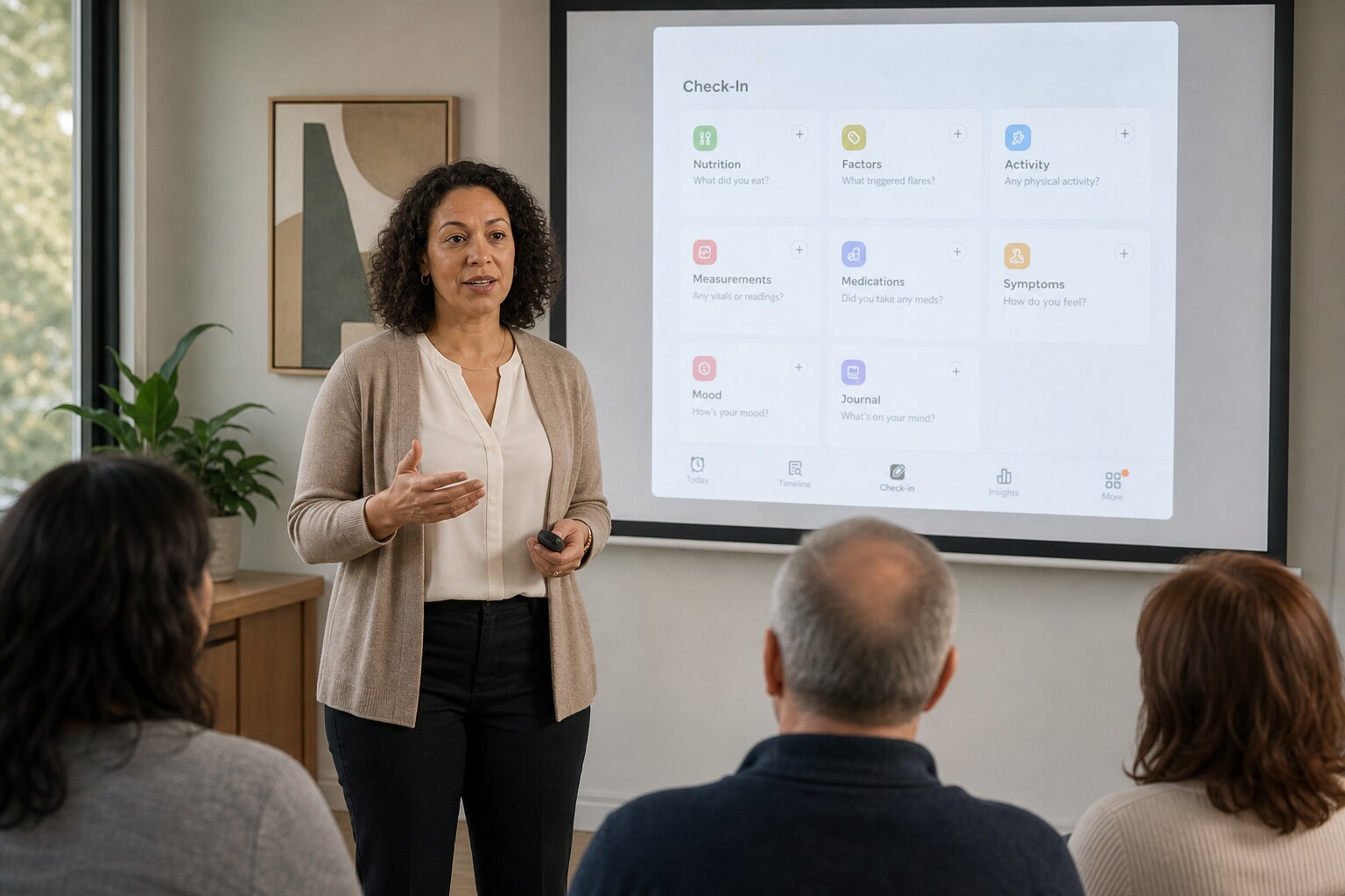 A patient-organization facilitator presenting the CareClinic app to community members