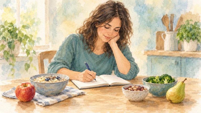 Watercolor illustration of a woman using a fiber tracker with oats, beans, fruit and broccoli