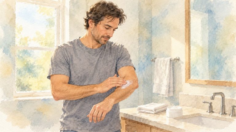 Watercolor illustration of a man applying fragrance-free moisturiser to his forearm to calm an eczema flare up