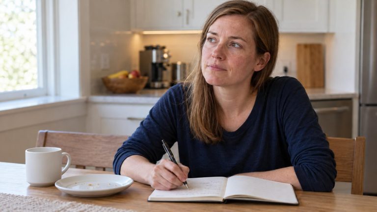 Woman with a pen pausing over an open food diary at her kitchen table Woman with a pen pausing over an open food diary at her kitchen table