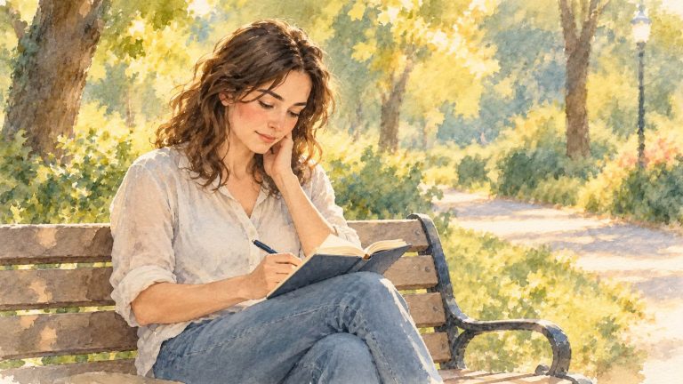 Watercolor illustration of a woman on a park bench touching her flushed cheek while writing MCAS symptoms in a notebook