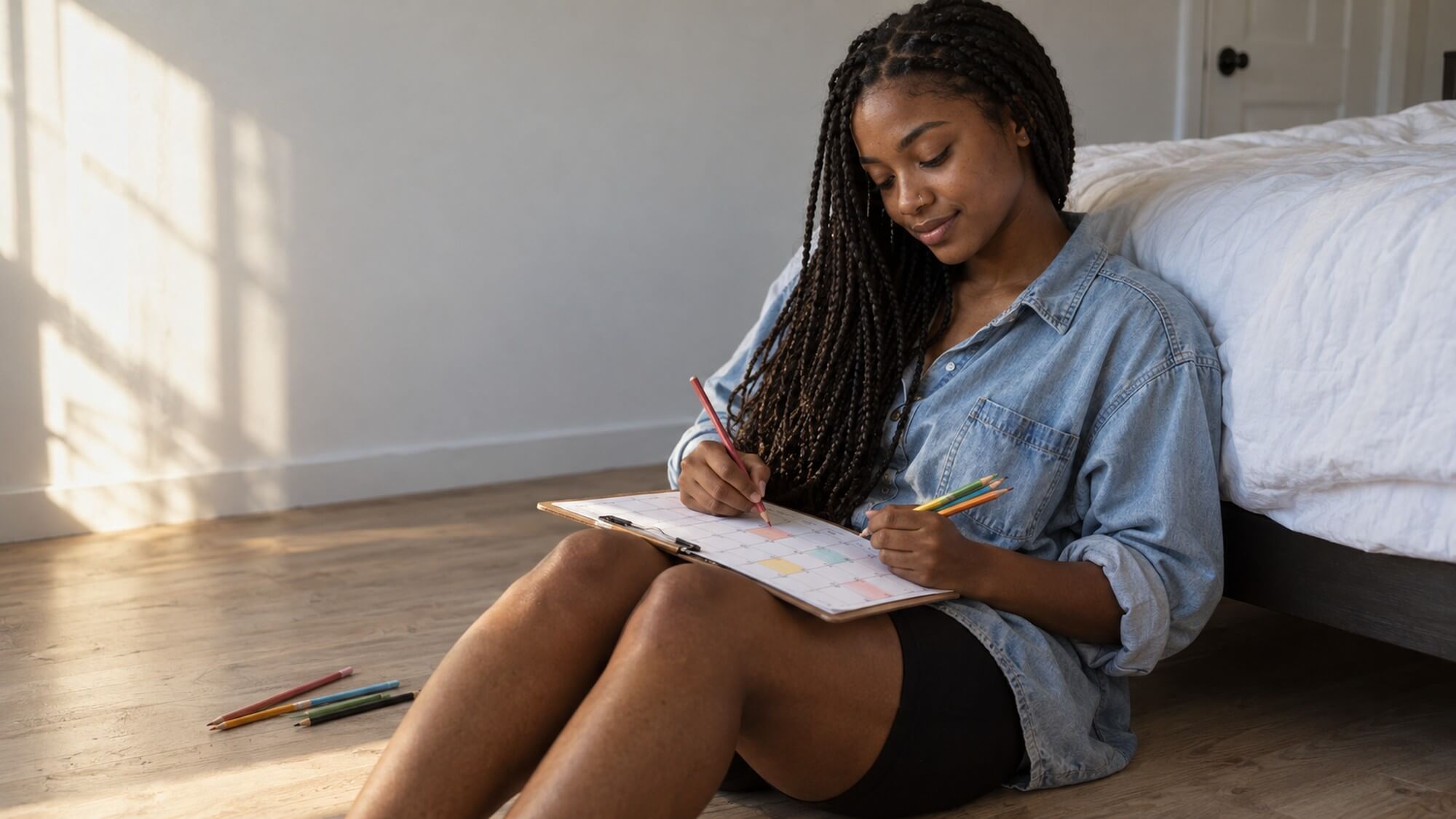 Young woman sitting on her bedroom floor coloring in a monthly mood tracker with pencils