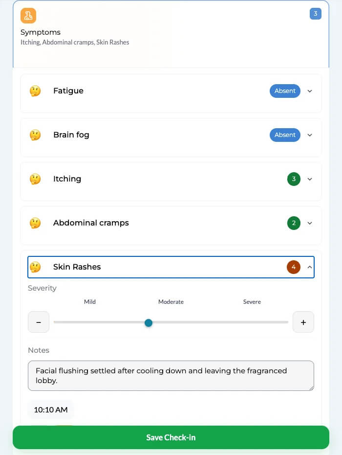 CareClinic symptom diary with recorded severity scores and a free-text note