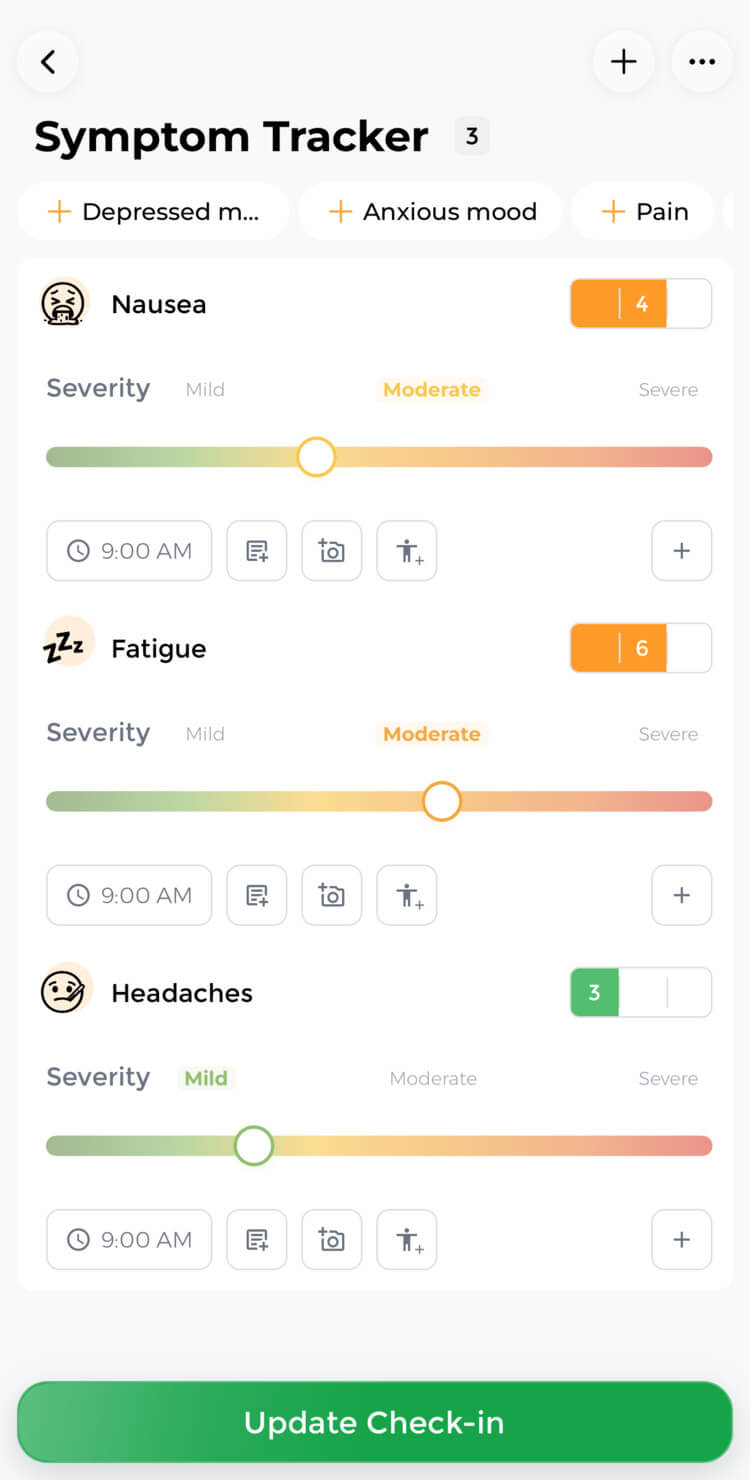CareClinic mobile symptom check-in for recording patient experience between patient support program contacts.
