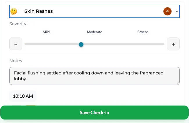 Example patient-reported symptom follow-up entry in CareClinic with severity, notes and an entry time
