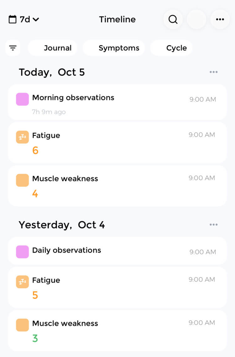Rare disease registry participant diary in CareClinic mobile CareClinic mobile diary with dated symptom observations for participant follow-up in a rare disease registry.